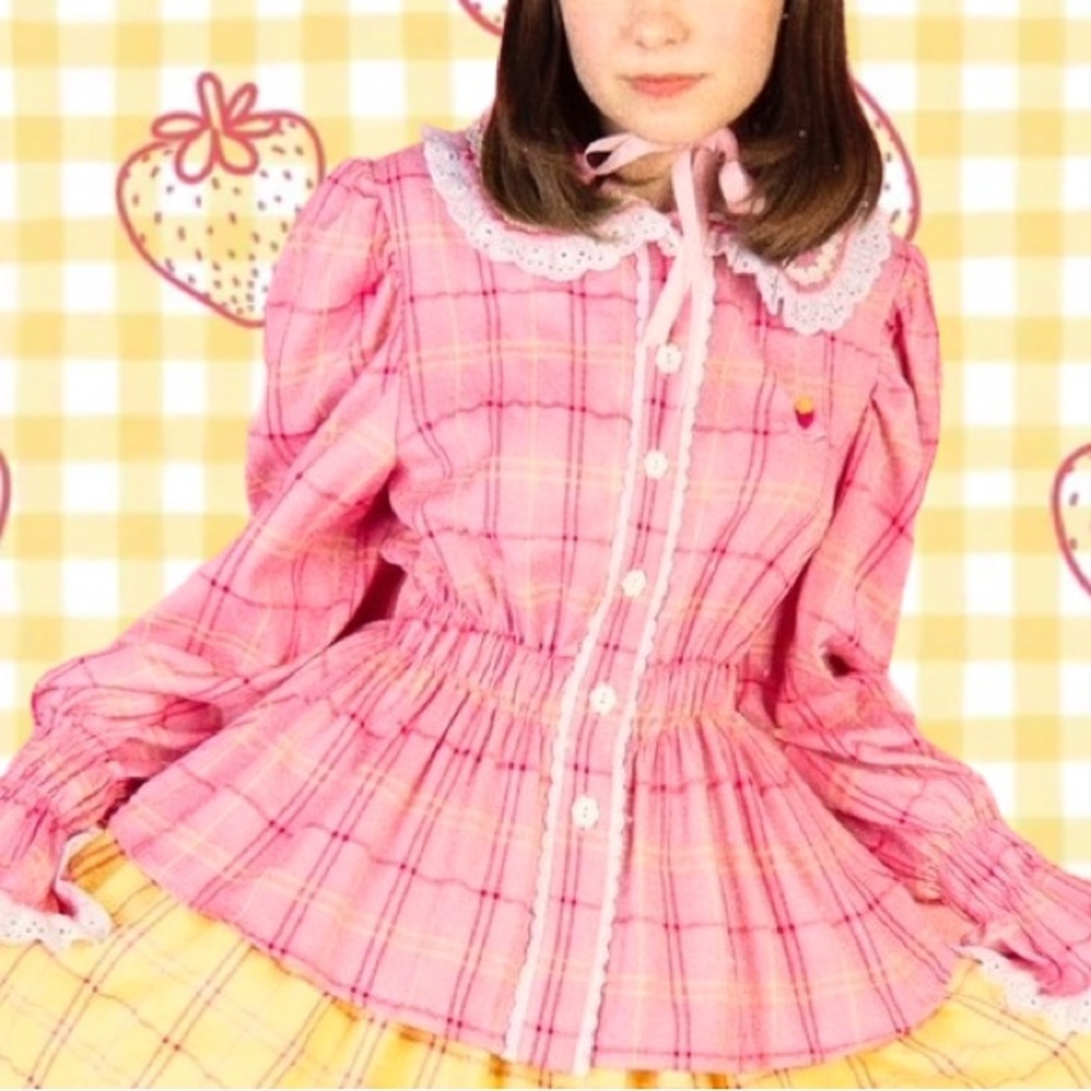 Violet Fane Happy Tartans Strawberry Pink Long Sleeve Collared Blouse Sz S-L
